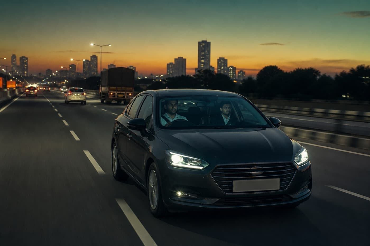 A chauffeur-driven car on a calm dusk highway, representing a protected passenger trip